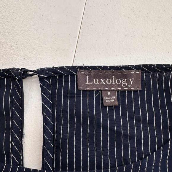 Luxology Navy Pinstripe Ruffle Sleeve Dress 8 Rayon Tencel Striped Old Money - Picture 2 of 10